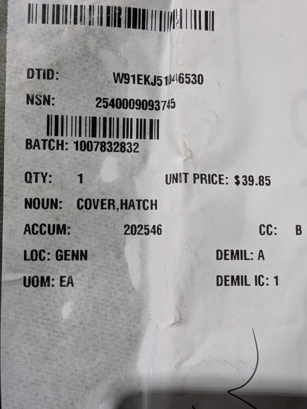 U S Army Tank Automotive Command 11588805 Hatch Cover - NSN 2540-00-909-3745 - inventory label