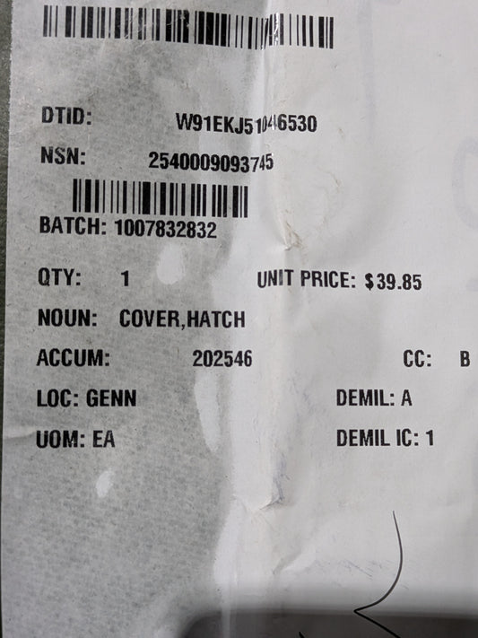 U S Army Tank Automotive Command 11588805 Hatch Cover - NSN 2540-00-909-3745 - inventory label
