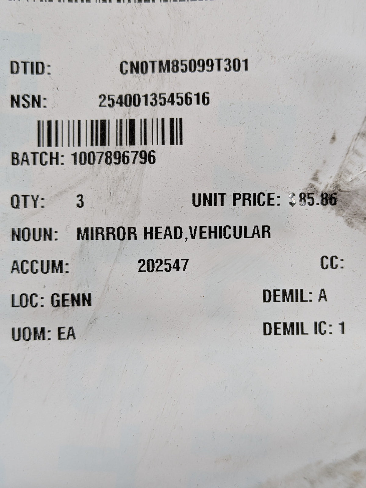 CURT Manufacturing LLC S-158-KDV-1 Mirror Head, Vehicular - NSN 2540-01-354-5616 - inventory label