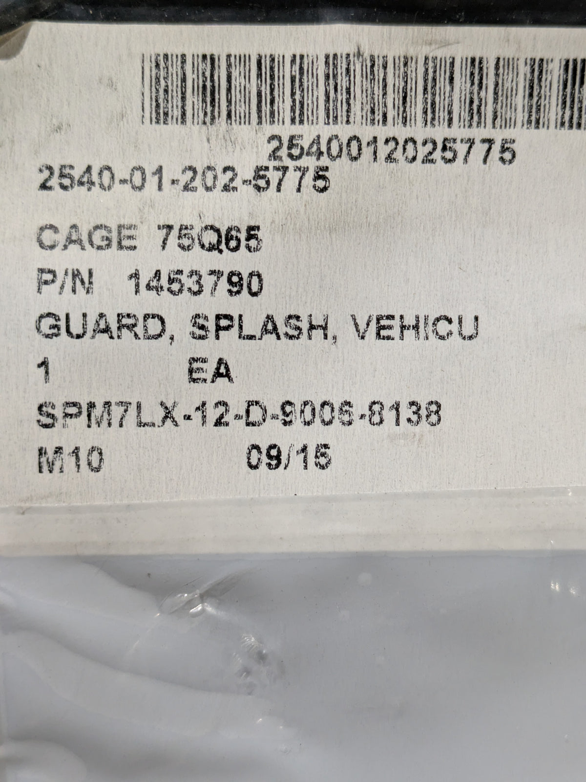 Oshkosh Defense LLC 1453790 Splash Guard - NSN 2540-01-202-5775 - inventory label
