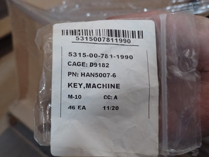 National Aerospace Standards MS20068-93 Machine Key - NSN 5315-00-781-1990 - inventory label