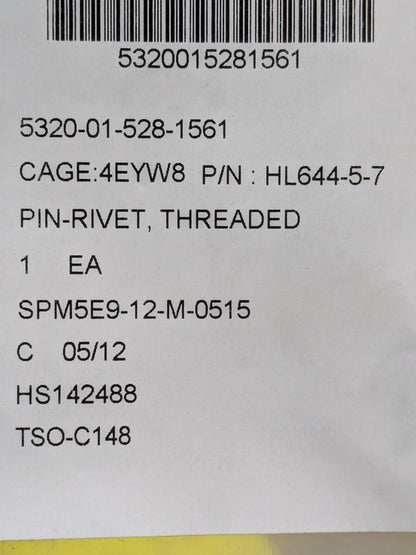 LISI Aerospace Canada Corp HL644-5-7 Pin-Rivet - NSN 5320-01-528-1561 - inventory label