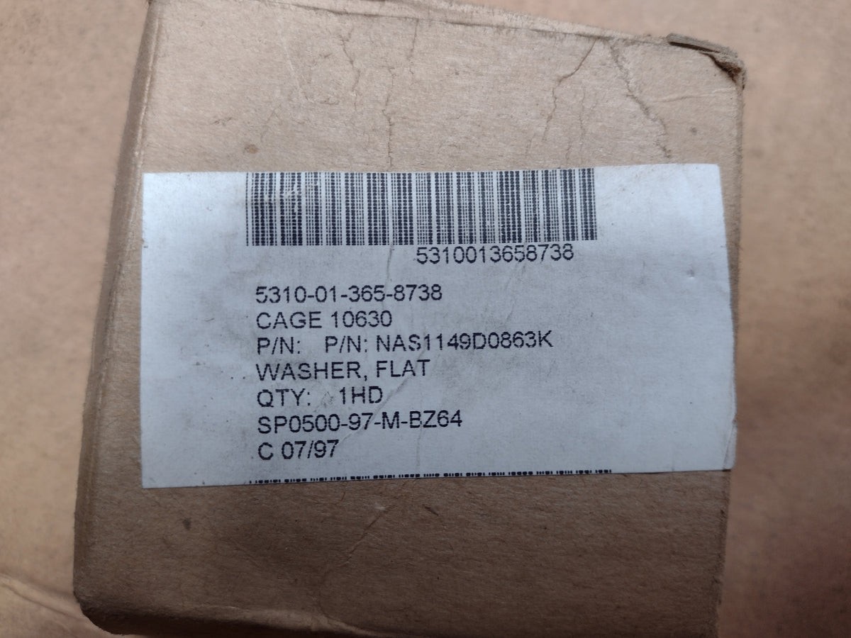 National Aerospace Standards NAS1149D0863K Flat Washer - NSN 5310-01-365-8738 - inventory label