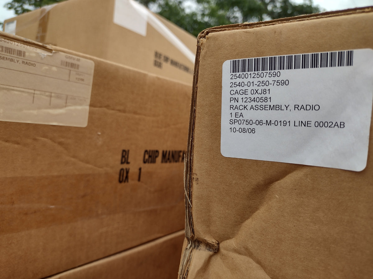 U S Army Tank Automotive Command 12340581 Radio Rack Assembly - NSN 2540-01-250-7590 - inventory label
