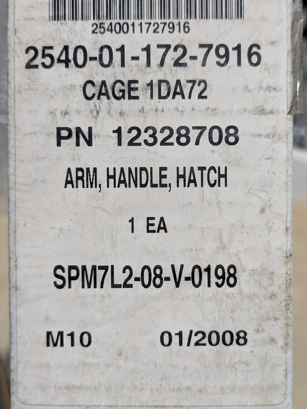 U S Army Tank Automotive Command 12328708 Arm, Handle, Hatch - NSN 2540-01-172-7916 - inventory label