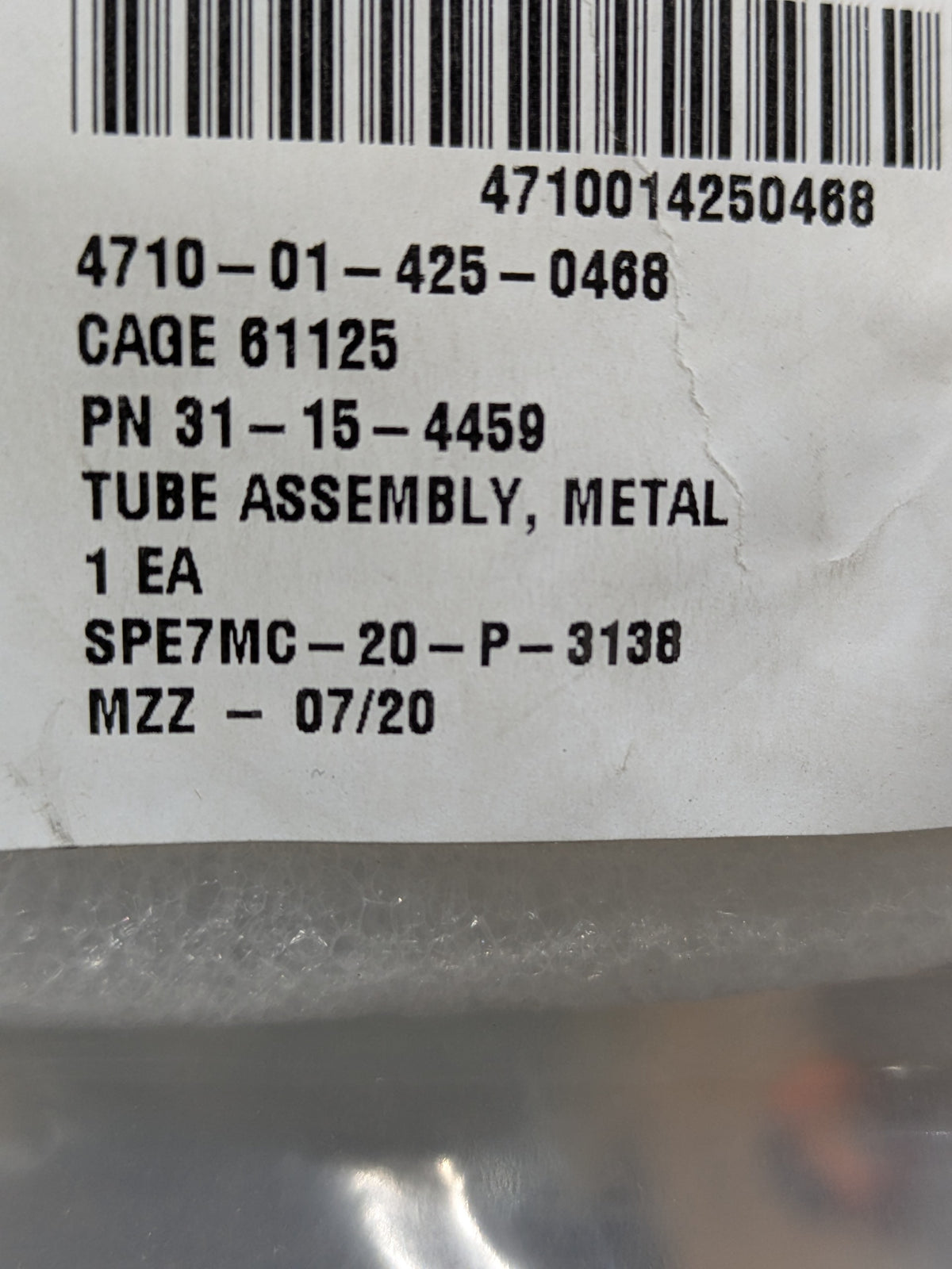 Edgewood Chemical Biological Center 31-15-4459 Tube Assembly, Metal - NSN 4710-01-425-0468 - inventory label