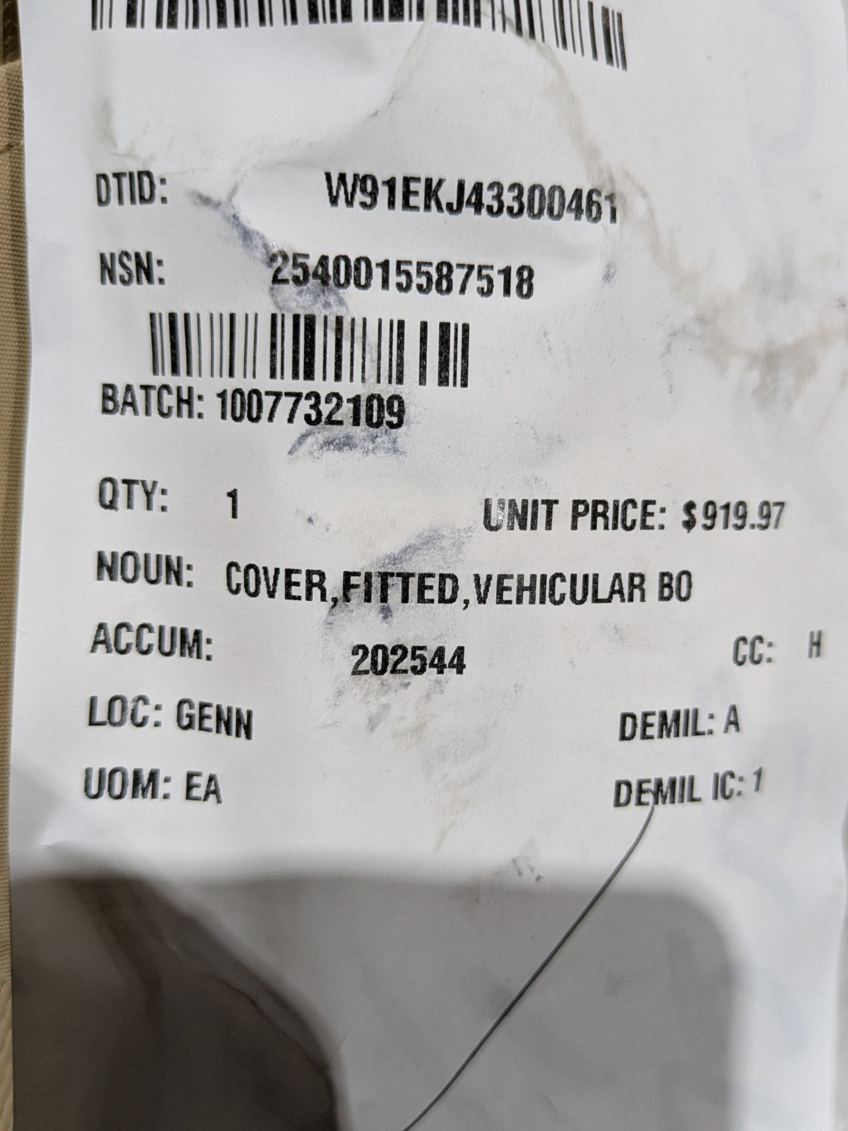 HDT Expeditionary Systems Inc SH535-0007T-SV Fitted Vehicular Cover - NSN 2540-01-558-7518 - inventory label