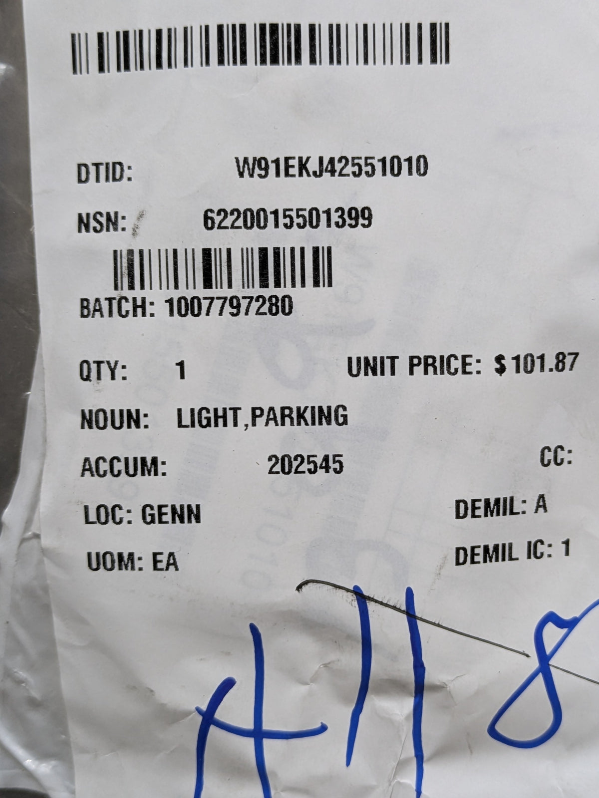 Truck-Lite Co., LLC 07359 Parking Light - NSN 6220-01-550-1399 - inventory label