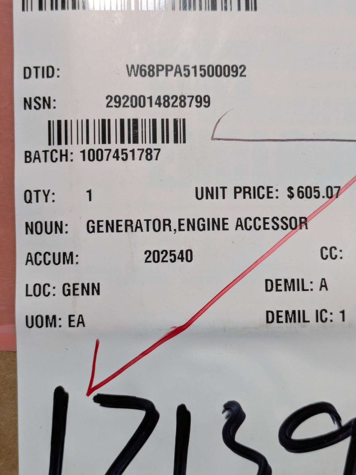 Prestolite Electric A001 4827 JB AC Generator - NSN 2920-01-482-8799 - inventory label