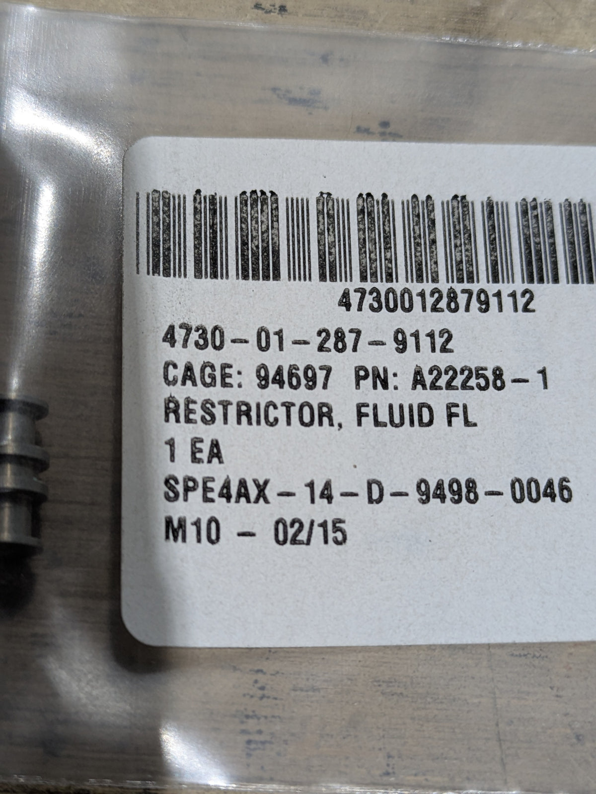 MOOG MILITARY AIRCRAFT LLC A22258-1 Fluid Restrictor - NSN 4730-01-287-9112 - inventory label