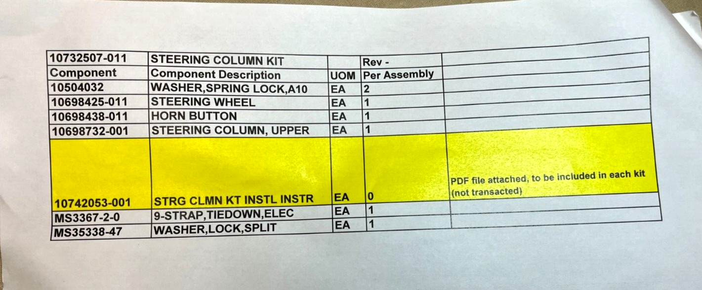 MILITARY VEHICLE 10698425-011 STEERING WHEEL COLUMN KIT 10698425 2530200089632