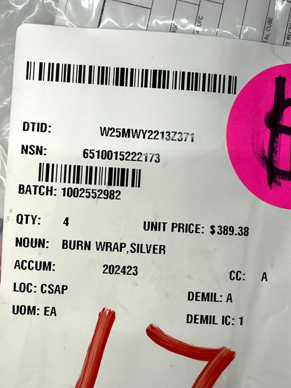 ARGENTUM SILVERLON BWD-466 4'' 66'' SILVER BURN WRAP DRESSING 6510-01-522-2173