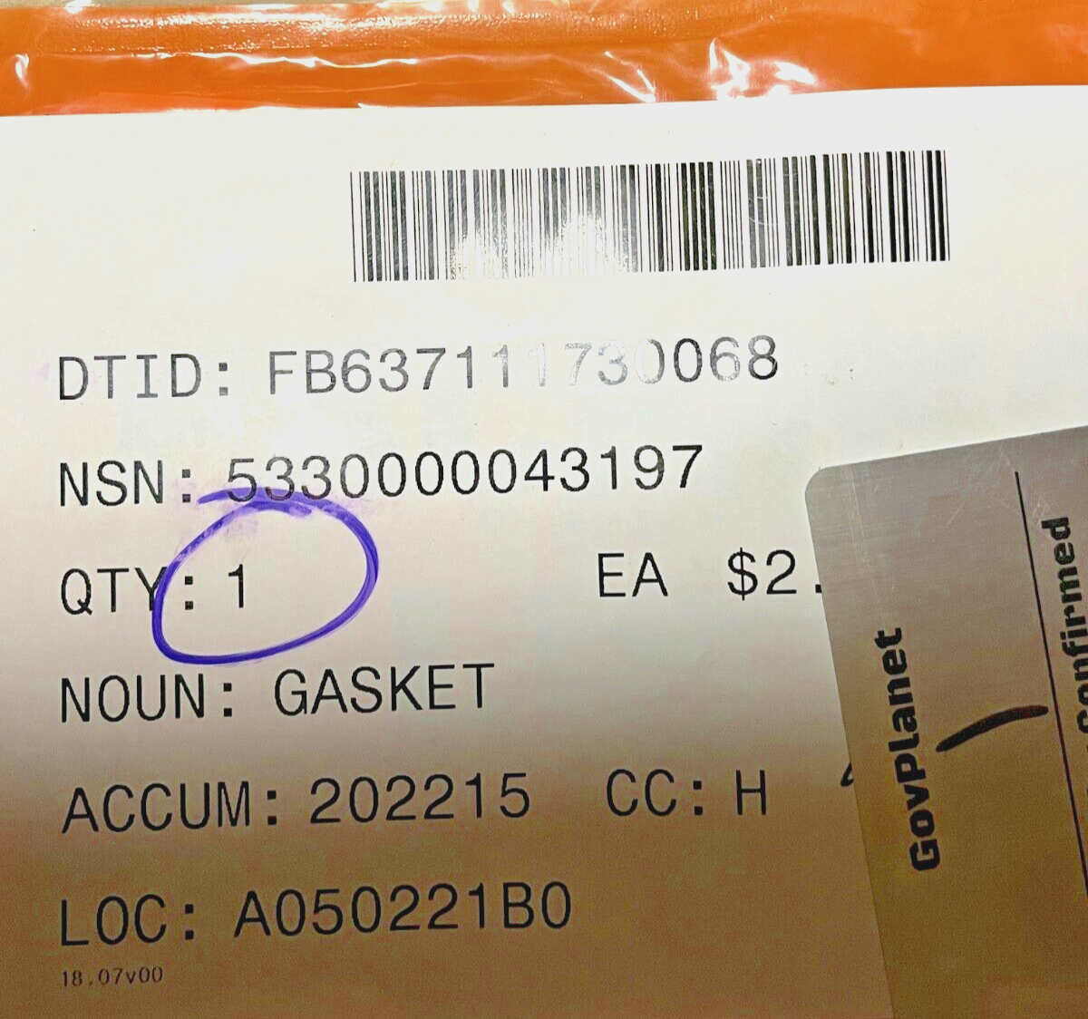 A/S32R-11 REFUELING TRUCK RGA201CB 2" FLANGE GASKET 5330-00-004-3197