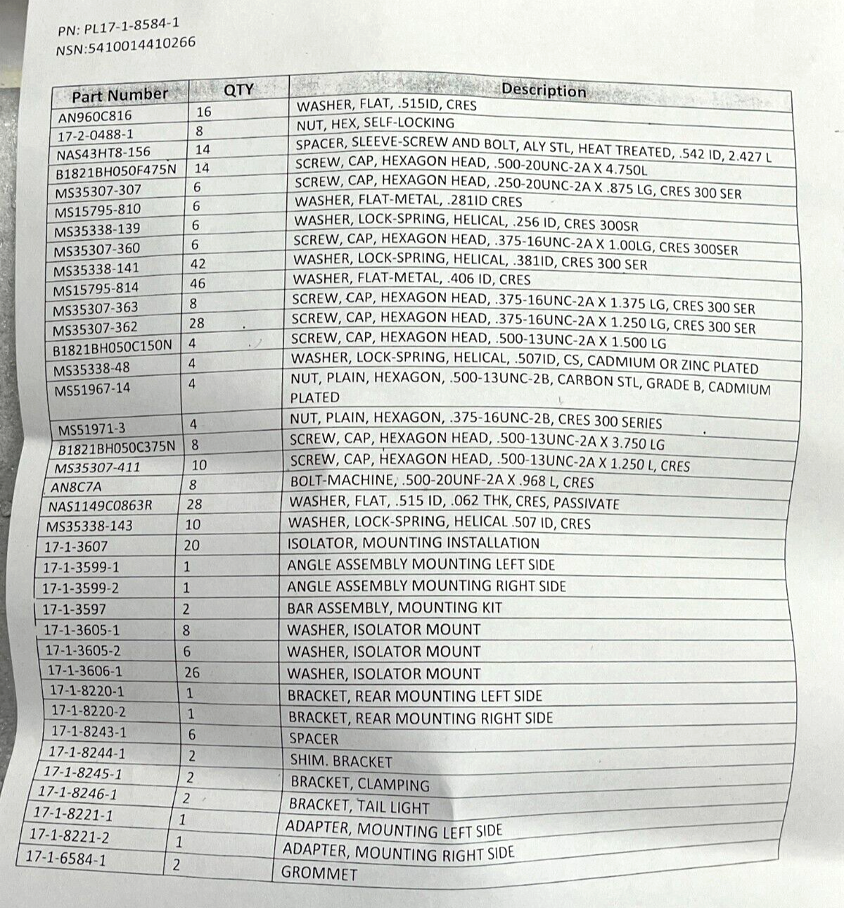 M998 HMMWV HUMVEE COMPLETE SHELTER MOUNTING KIT 17-1-8584-1 / 5410-01-441-0266