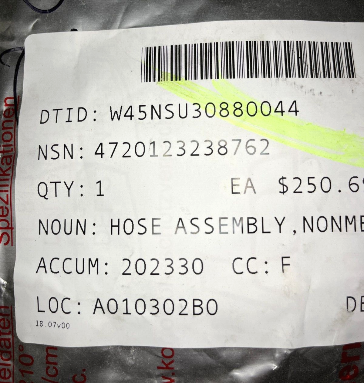 EPP III NEW NONMETALLIC HOSE ASSEMBLY 355.02.0010 4720123238762 4720-12-323-8762