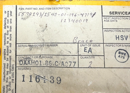 M998 HMMWV HUMVEE 5578293 BRACE INNER LIFT REAR BUMPER 12339185 2540-01-196-4719