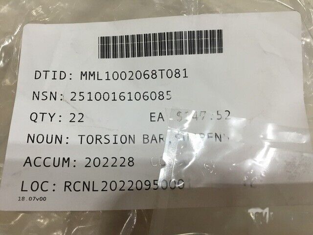 M1161 GENERAL DYNAMICS 43014233-01 SUSPENSION TORSION BARS GROWLER M1163