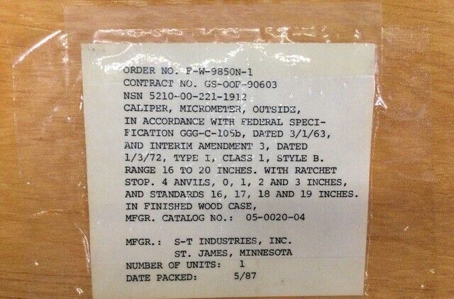 S-T Industries 05-0020-04 Micrometer Caliper Set 05-0012-9400 5210-00-287-3337