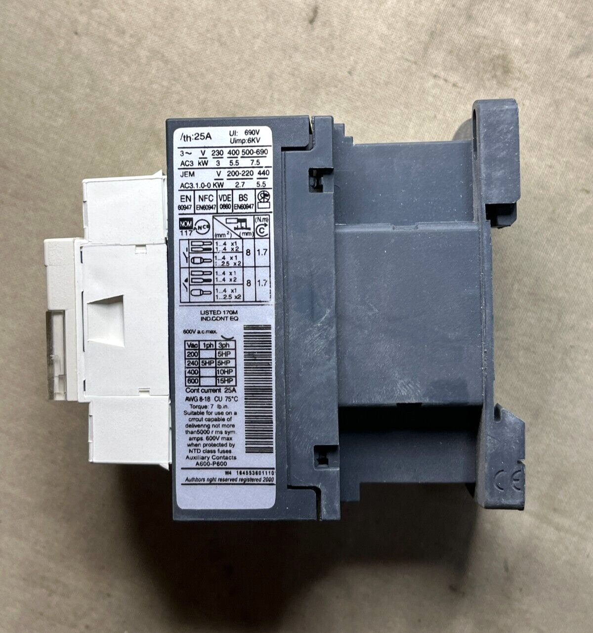 VECAS ELECTRIC 220-240V 50/60HZ LC1D12U7 CONTACTOR 5.5KW/400V 7.5HP/460V