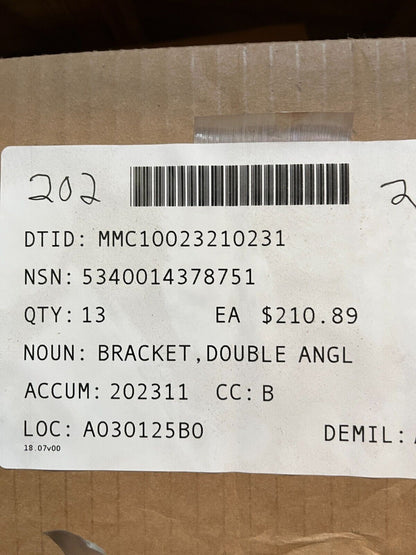 M998 HMMWV 6002225 RH FRONT DOUBLE AXLE ANGLE SUPPORT BRACKET 5340-01-437-8751