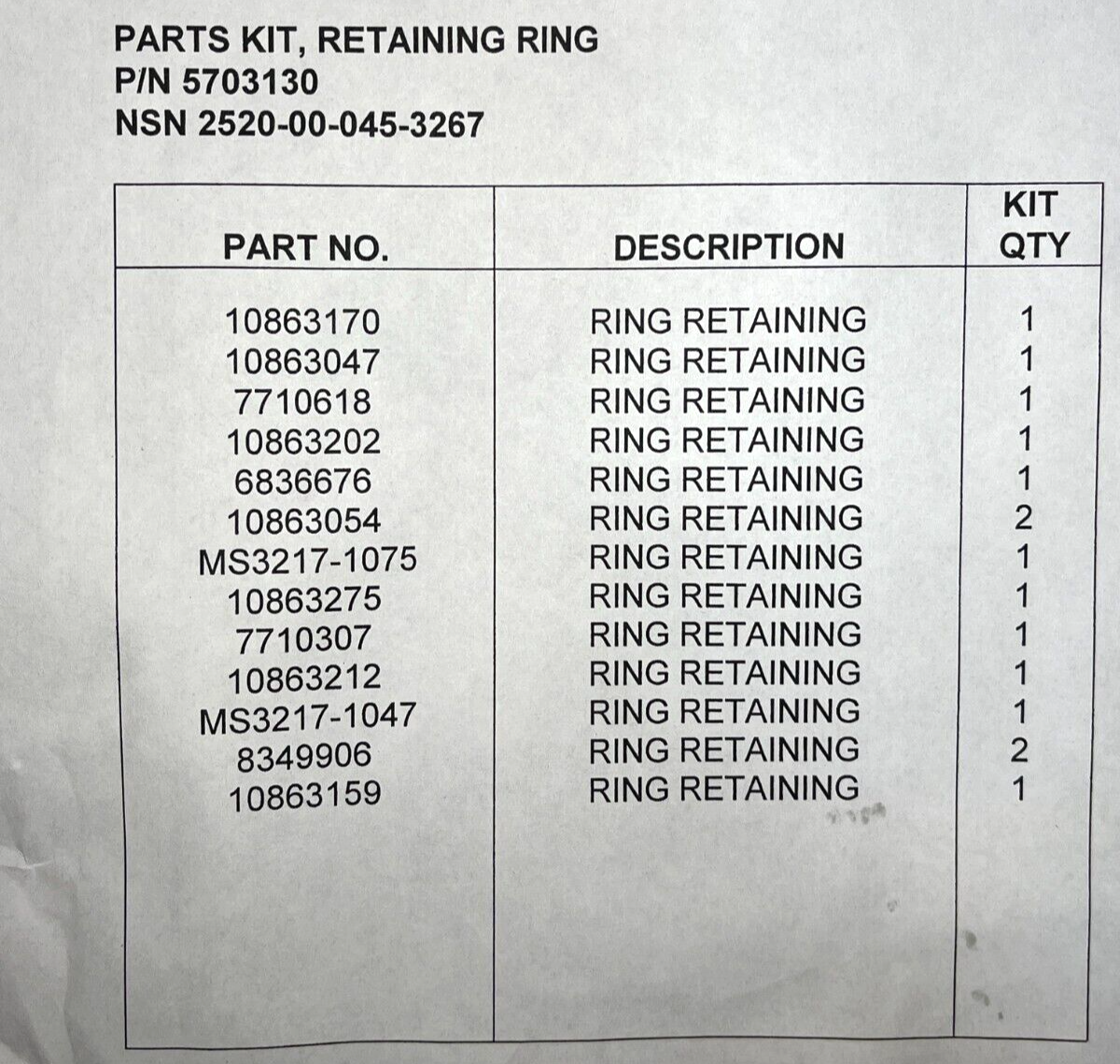M-113A1 M-113A2 M-113A3 5703130 TORQUE CONVERTER RING PARTS KIT 2520-00-045-3267