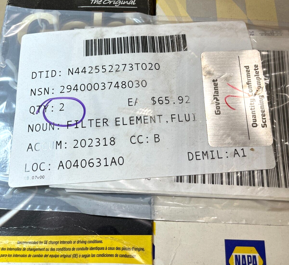 GENUINE NAPA GOLD HYDRAULIC FLUID FILTER 1202 2940-00-374-8030 USA