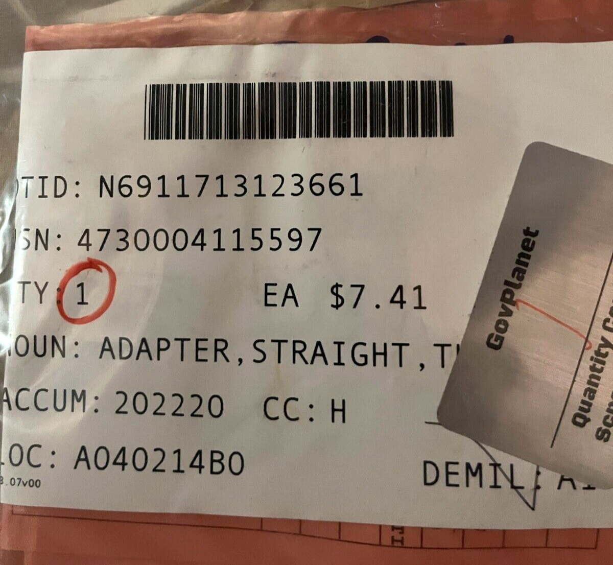 768-FSS0 3/8 TUBE TO BOSS STRAIGHT ADAPTER D320448 MS51843-5SS 4730-00-411-5597