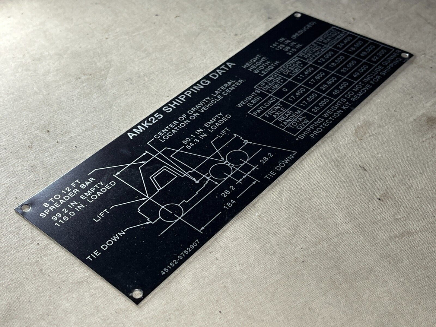 GENUINE AMK25 CARGO TRUCK SHIPPING DATA LABEL 3M BACK 3752907 7690-01-575-0860