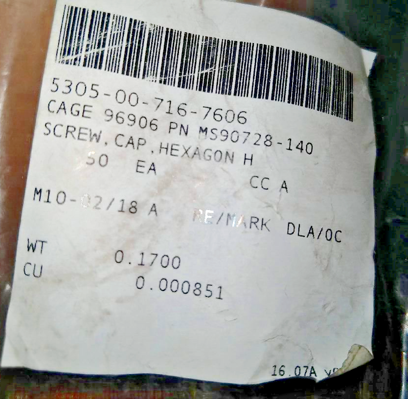 HEXAGON HEAD CAP SCREW 9/16-12 X 2 MS90728-140 197-520 860-520 5305-00-716-7606