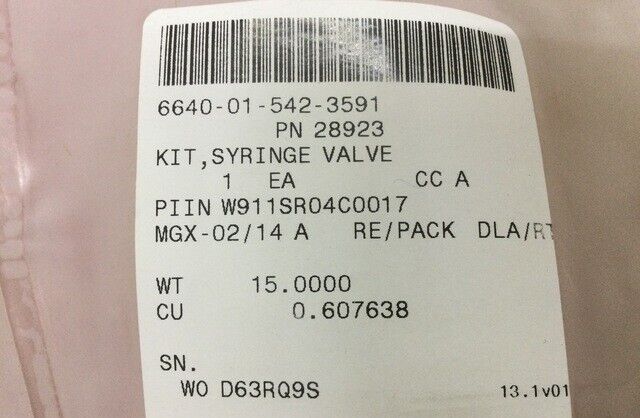 KLOEHN 30165 SYRINGE VALVE KIT USED IN DETECTION,ALARM DEVICES 6640-01-542-3591