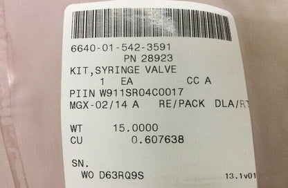 KLOEHN 30165 SYRINGE VALVE KIT USED IN DETECTION,ALARM DEVICES 6640-01-542-3591