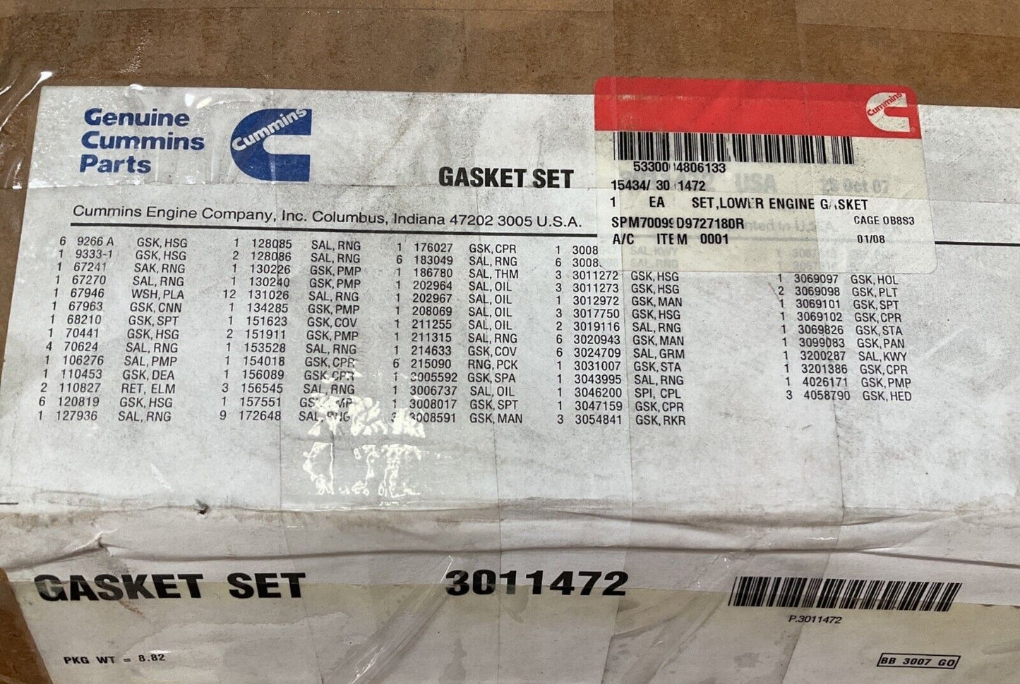 M939 TRUCK 3011472 CUMMINS SET, LOWER ENGINE GASKET SET O/H 5330-00-480-6133