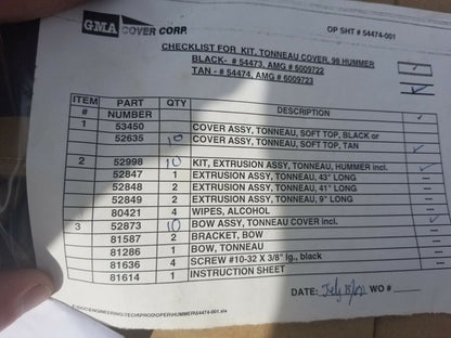 Hummer H1 Humvee TAN Tonneau Cover KIT Bows/Hardware AM General SOFT TOP KIT