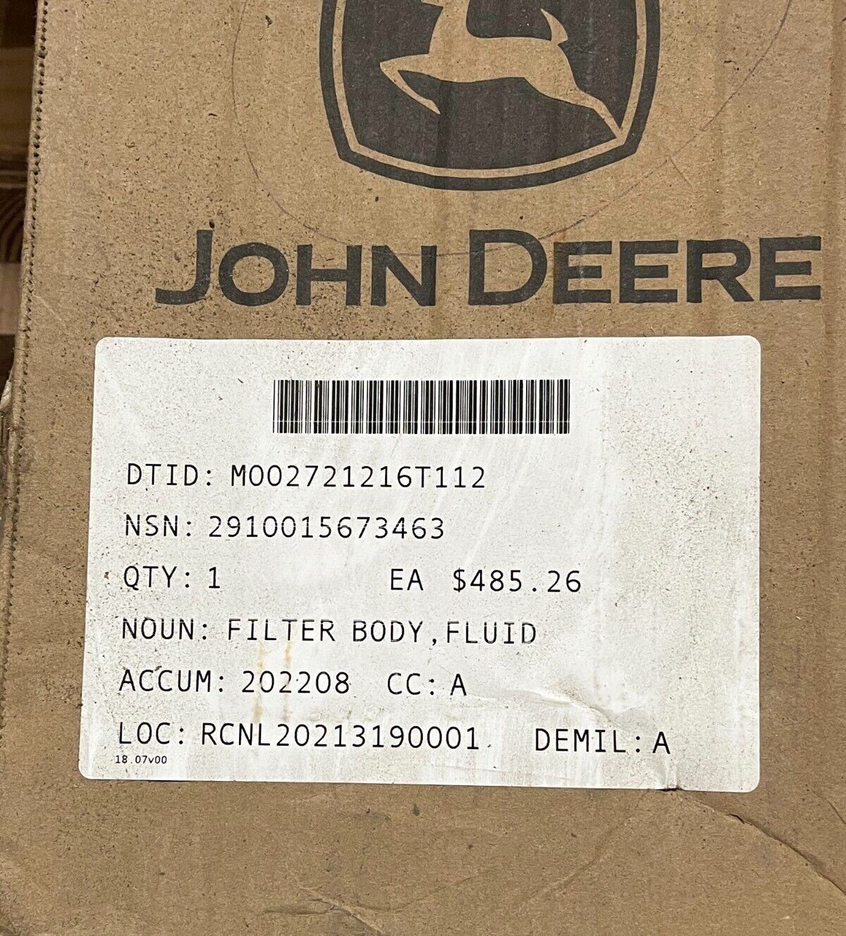 LOADER UTILITY 624KR JOHN DEERE RE541922 FLUID FILTER BODY 2910-01-567-3463