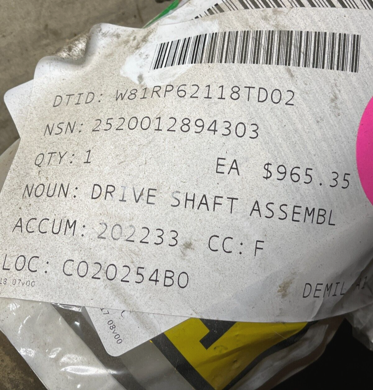 FORKLIFT 1000M TRUCK CONSTANT VE DRIVE SHAFT ASSEMBLY 6600052 2520-01-289-4303