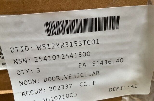 M998 HMMWV HUMVEE 12339480-2 VEHICULAR X-DOOR FRONT RIGHT RH 2510-01-254-1500