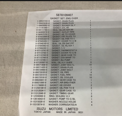 REPAIR KIT 15KW TQG DISEL ENGINE ISUZU 587810-9401 587810-9407 2815-01-560-986