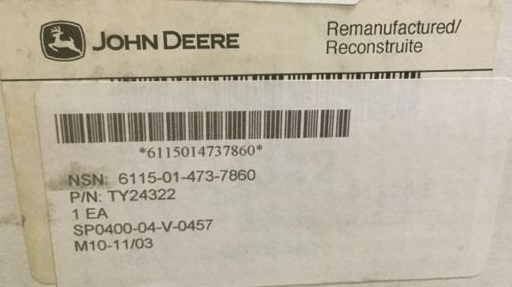 Reman John Deere Alternator TY24322 T25680 SE501341 6115-01-473-7860