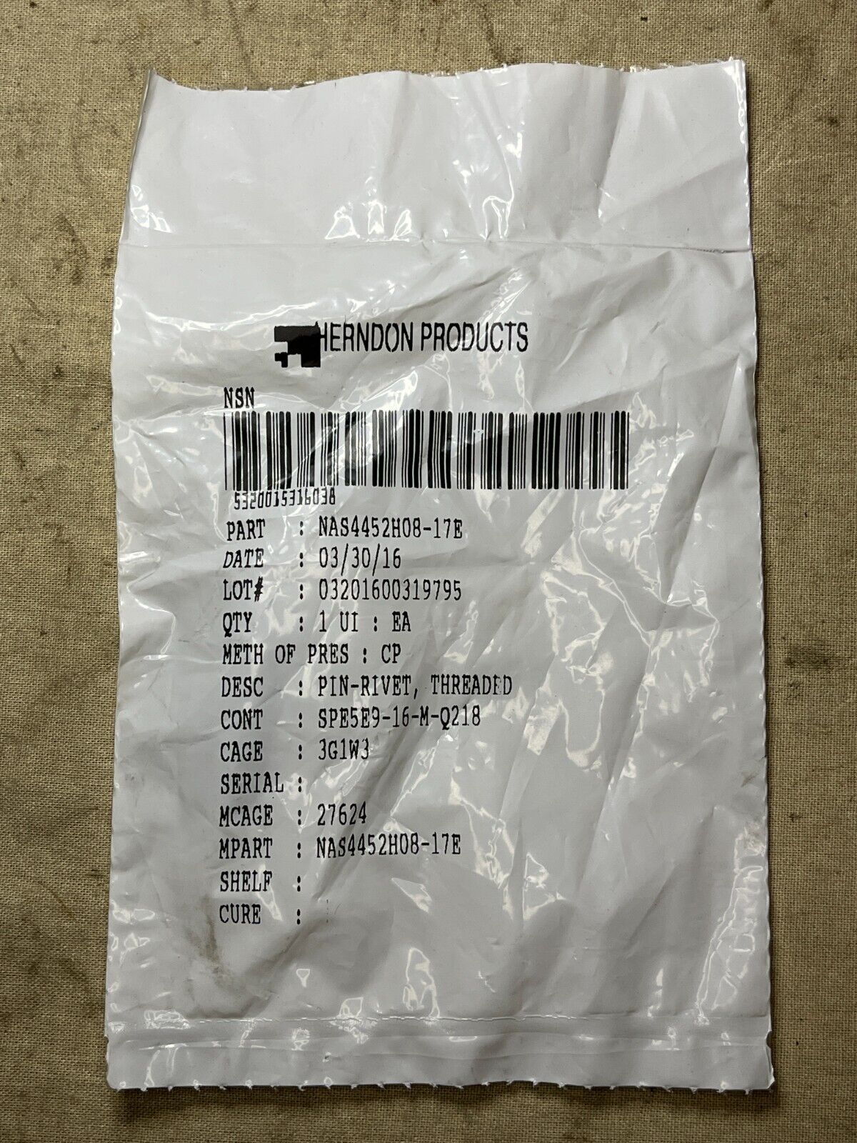 AIRCRAFT F-16 HERNDON PRODUCTS NAS4452H08-17E PIN-RIVET 5320-01-531-6038