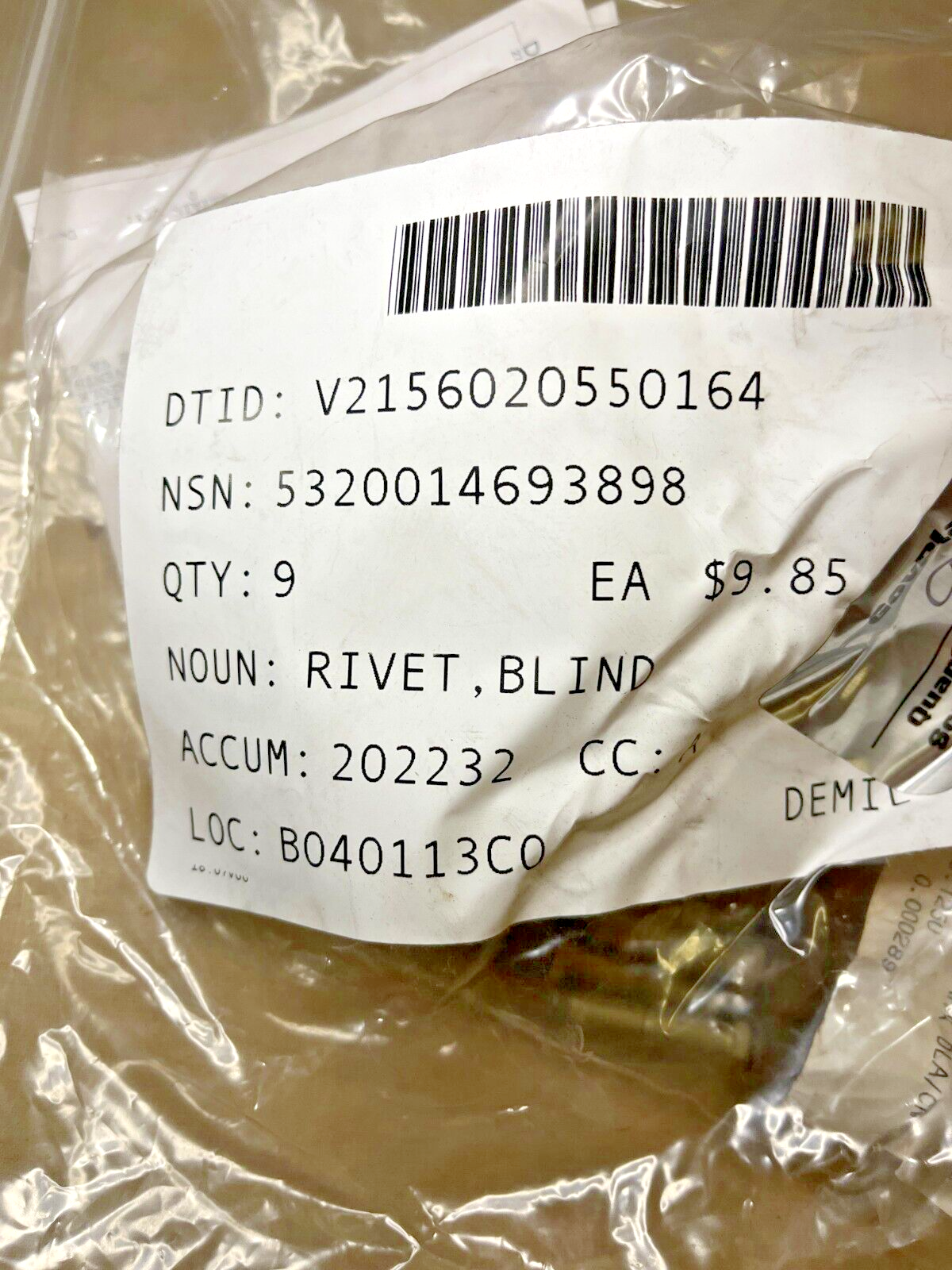 AIRCRAFT OSPREY CV-22B BACB30VL8TK400D BLIND RIVET BOLT 5320-01-469-3898 NOS