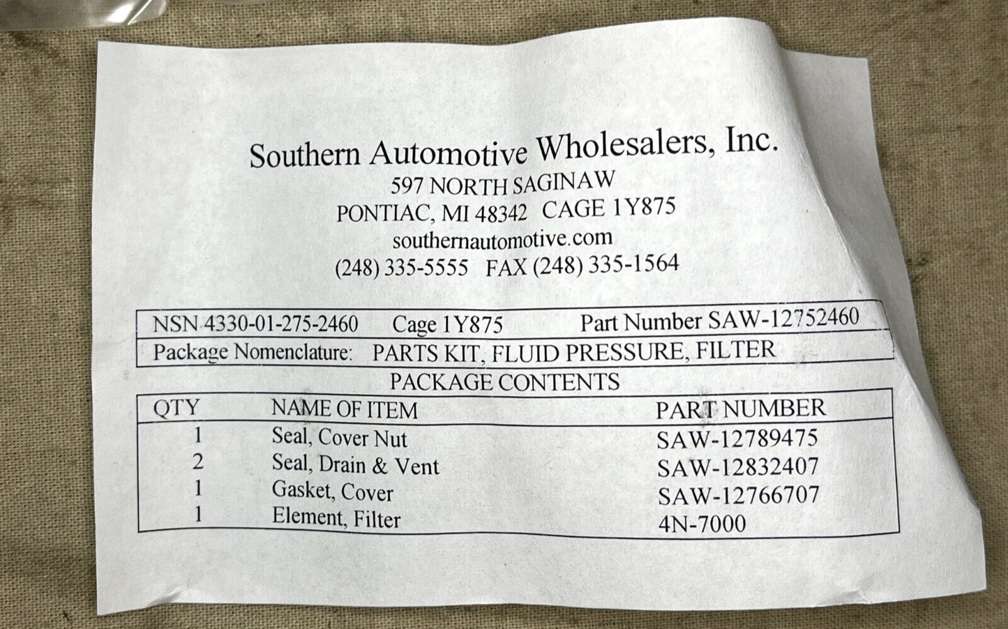 AIRCRAFT F-16 DAVCO 12752460 FLUID PRESSURE FILTER PARTS KIT 4330-01-275-2460