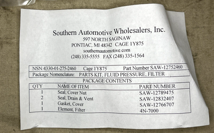AIRCRAFT F-16 DAVCO 12752460 FLUID PRESSURE FILTER PARTS KIT 4330-01-275-2460