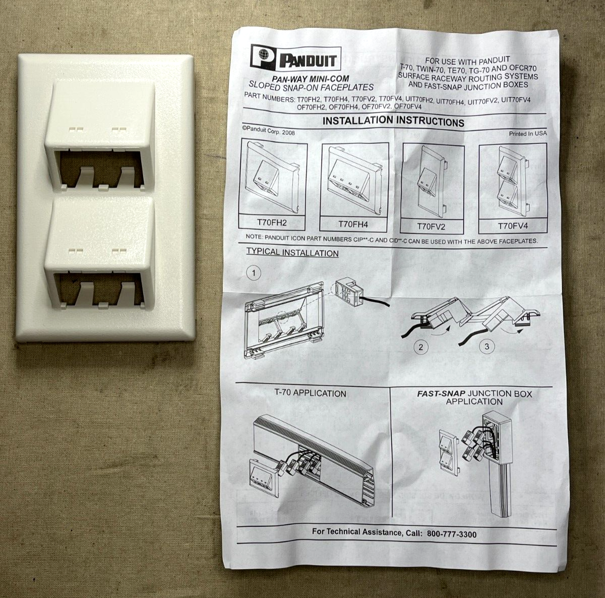 PANDUIT, SNAP-ON T-70 FACEPLATE SLOPED SURFACE RACEWAY WIRE ROUTING SYS T70FV4IW