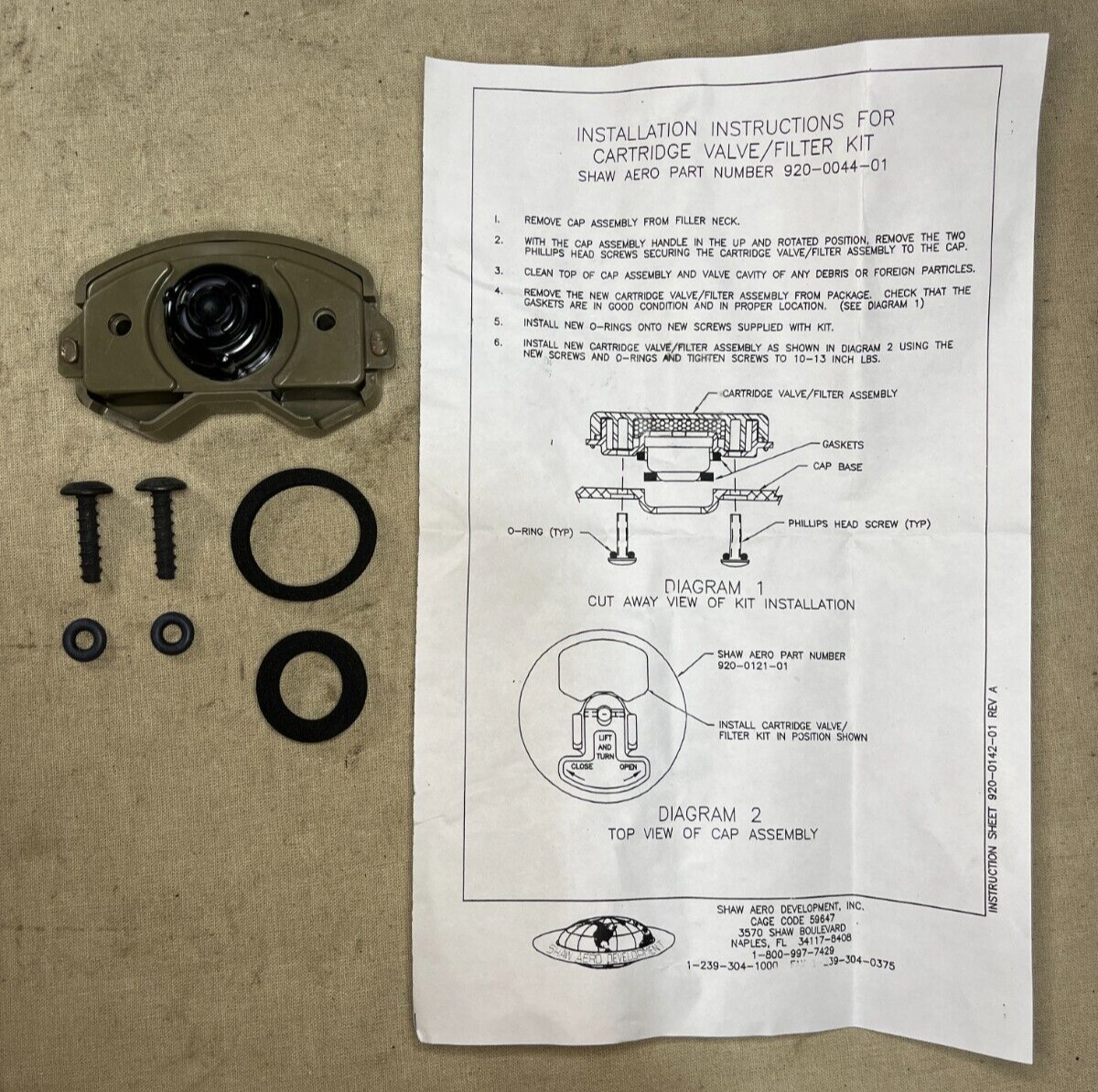 M1 ABRAMS SHAW DEVELOPMENT 920-0044-01 FUEL CAP PARTS KIT 10582 4330-01-425-7461