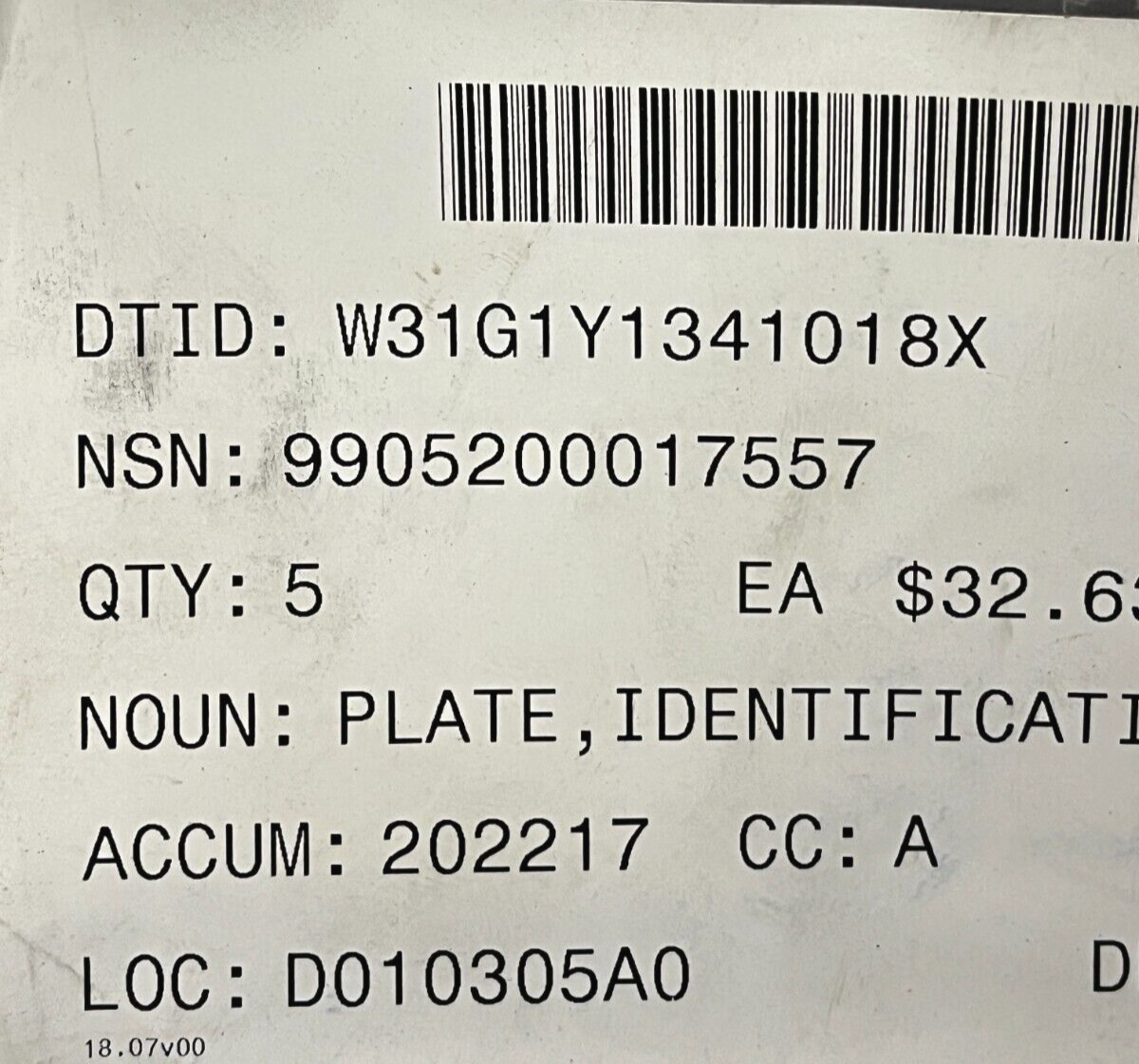 NEW XM1130 GENERAL DYNAMICS 10660237-001 PLATE IDENTIFICATION 9905-20-001-7557