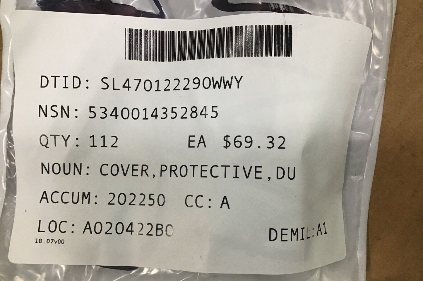 HMMWV HUMMER H1 BAE 4660527 DUST & MOISTURE PROTECTIVE COVER 5340-01-435-2845