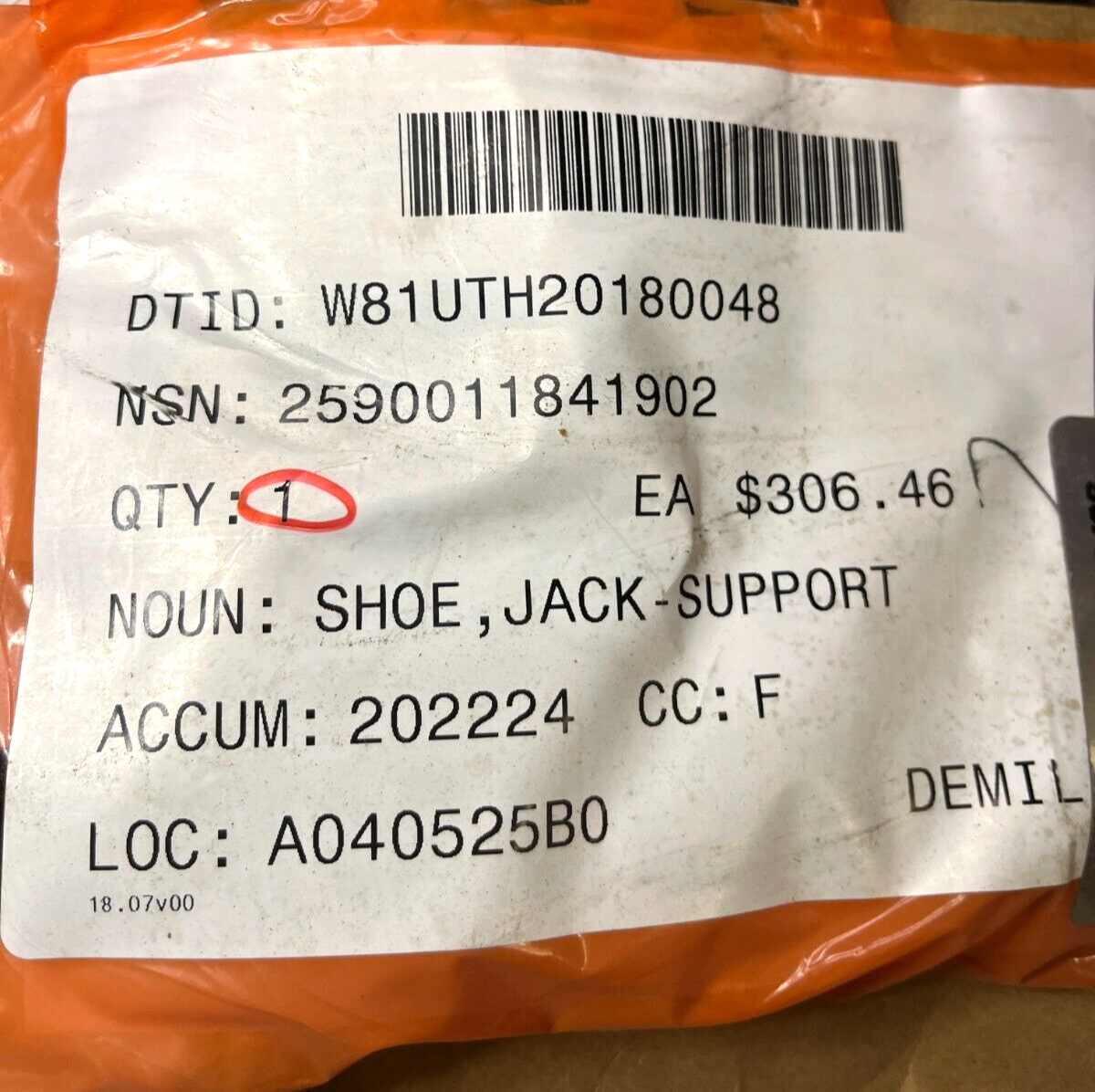 HEMTT, XM977 TRUCK 1159-2-198-00028 JACK-SUPPORT SHOE 1442270 2590-01-184-1902
