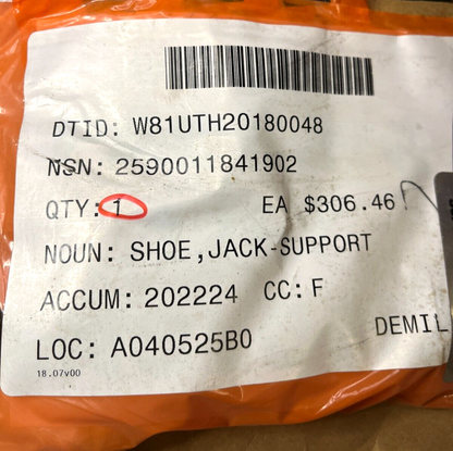 HEMTT, XM977 TRUCK 1159-2-198-00028 JACK-SUPPORT SHOE 1442270 2590-01-184-1902