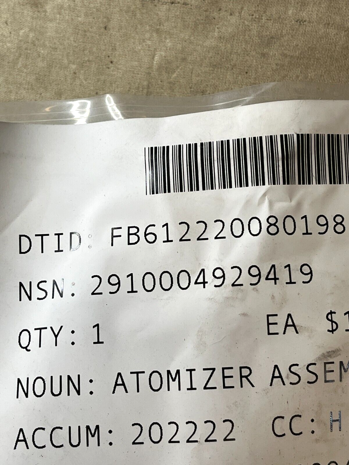 AIRCRAFT 899981-2 ENGINE FUEL SYSTEM ATOMIZER ASSEMBLY 2910-00-492-9419 NOS