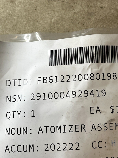 AIRCRAFT 899981-2 ENGINE FUEL SYSTEM ATOMIZER ASSEMBLY 2910-00-492-9419 NOS